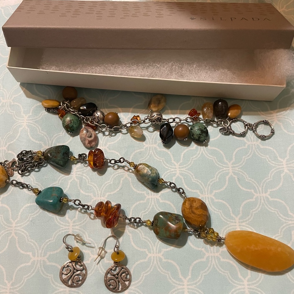 Vintage yellow jade and turquoise Silpada set of necklace, wand bracelet